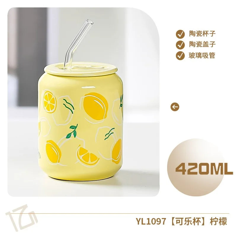 Fresh Creative Fruit Straw Cup Coke Soda Bottle Ceramic Mug with Lid Couple Souvenir Home Drinking Utensil Kitchen Appliance