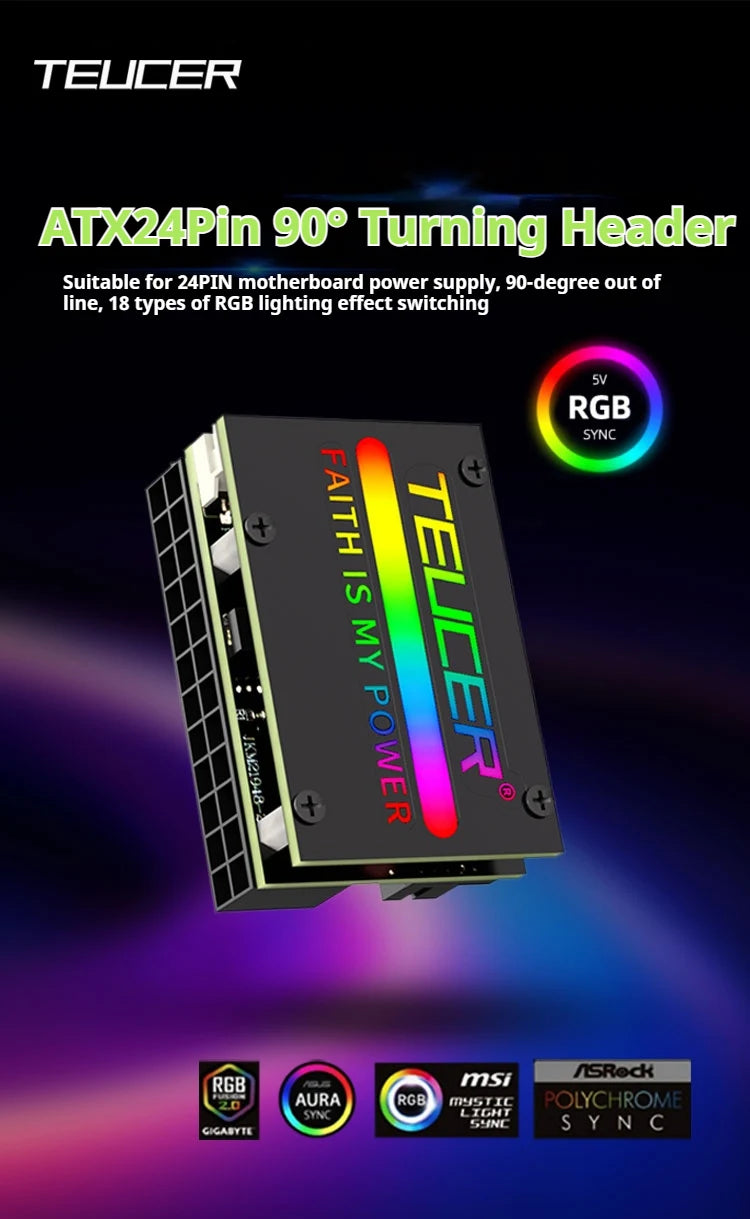 COOLCIRC ATX Power Supply 24Pin to 90 Degree Adapter 5V RGB Mainboard Motherboard Cable Connector Modular DIY PC Accessory