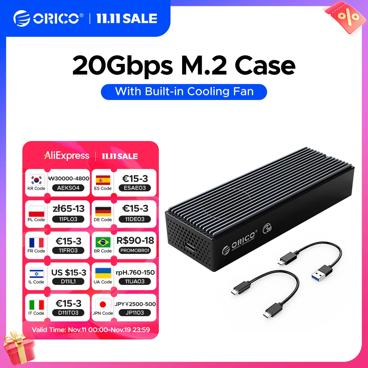 ORICO 20Gbps M.2 NVME SSD Case with Built-in Cooling Fan Type-C M2 NVME SSD Enclosure For M.2 NVME 2230 2242 2260 2280 SSD