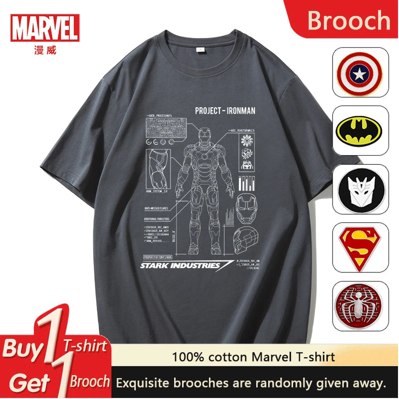 Marvel Hand-painted Iron Man Marvel Avengers Robot Design Sketch Short-sleeved T-shirt Men's Women's Loose Casual Short Sleeves
