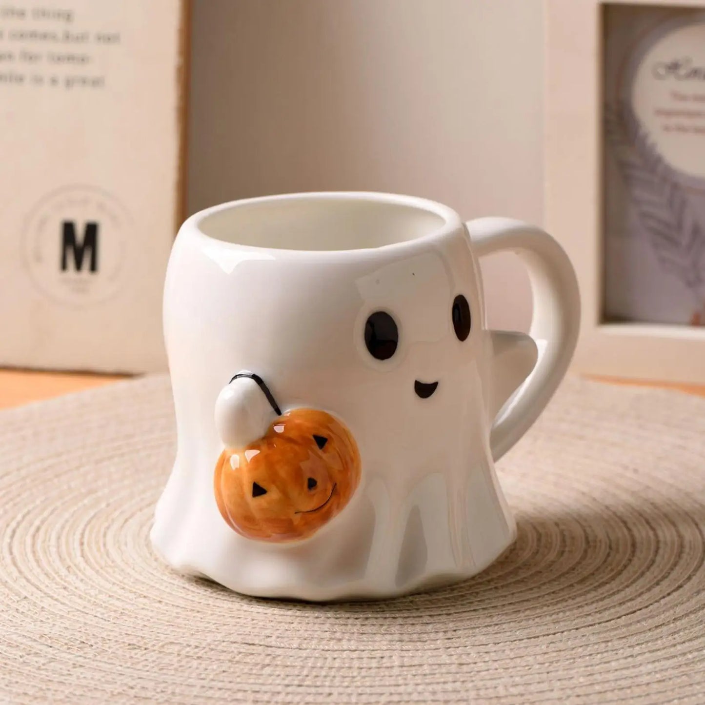 Cute Halloween Pumpkin Ghosts Ceramic Mugs Ceramic Drinking Glass With Handle Halloween Funny White Ghosts Coffee Cup