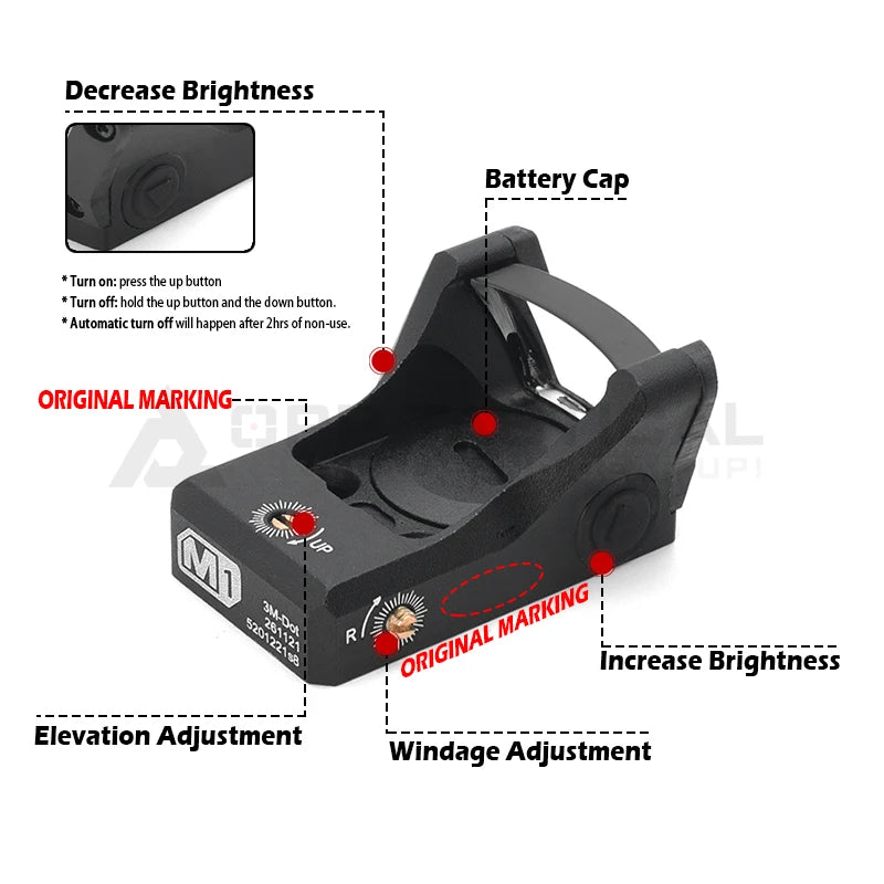 Tactial M1 Green/Red Dot Sight 3MOA with Full Original Markings Airsoft Optics with 20mm Rail and Universal Glock Mount Plate