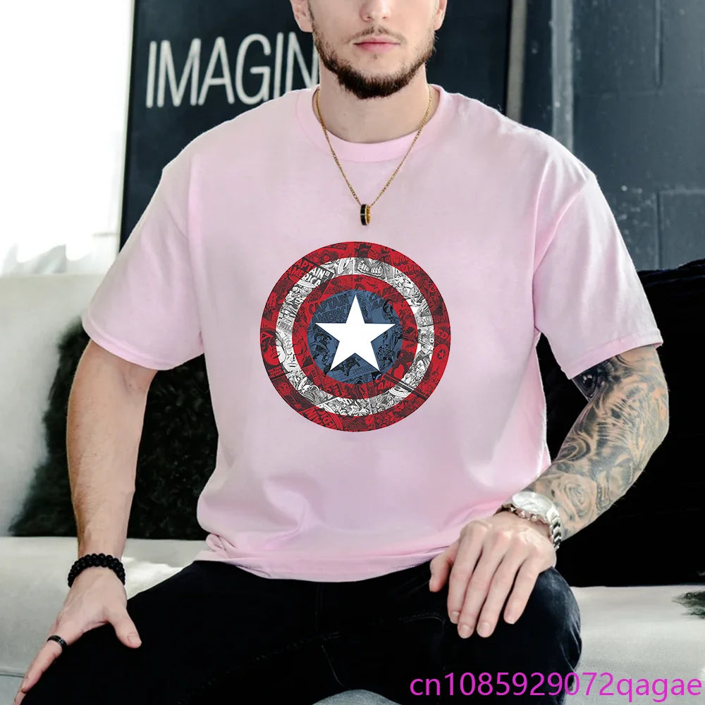 Mens New Marvel Captain America Avengers Shield Printed T-Shirt Outdoor Street Vintage Shield Y2K Shirt T-Shirt