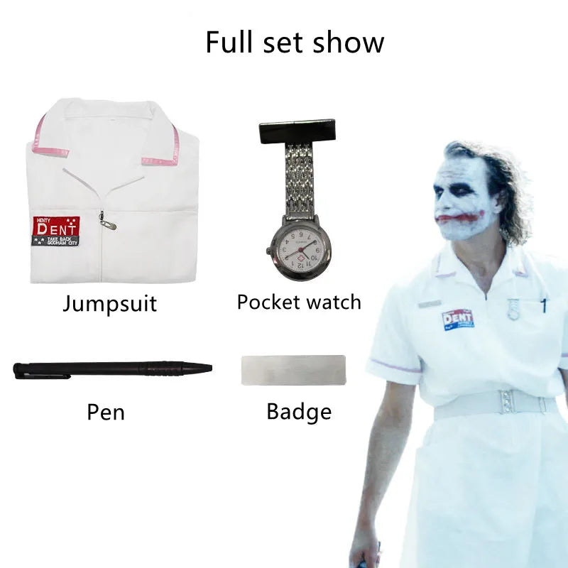 Movie Joker Cosplay Jack Nurse Costume Uniform Cosplay Scary Bat Joker Dress Pocket Watch Pen Halloween Cos Set