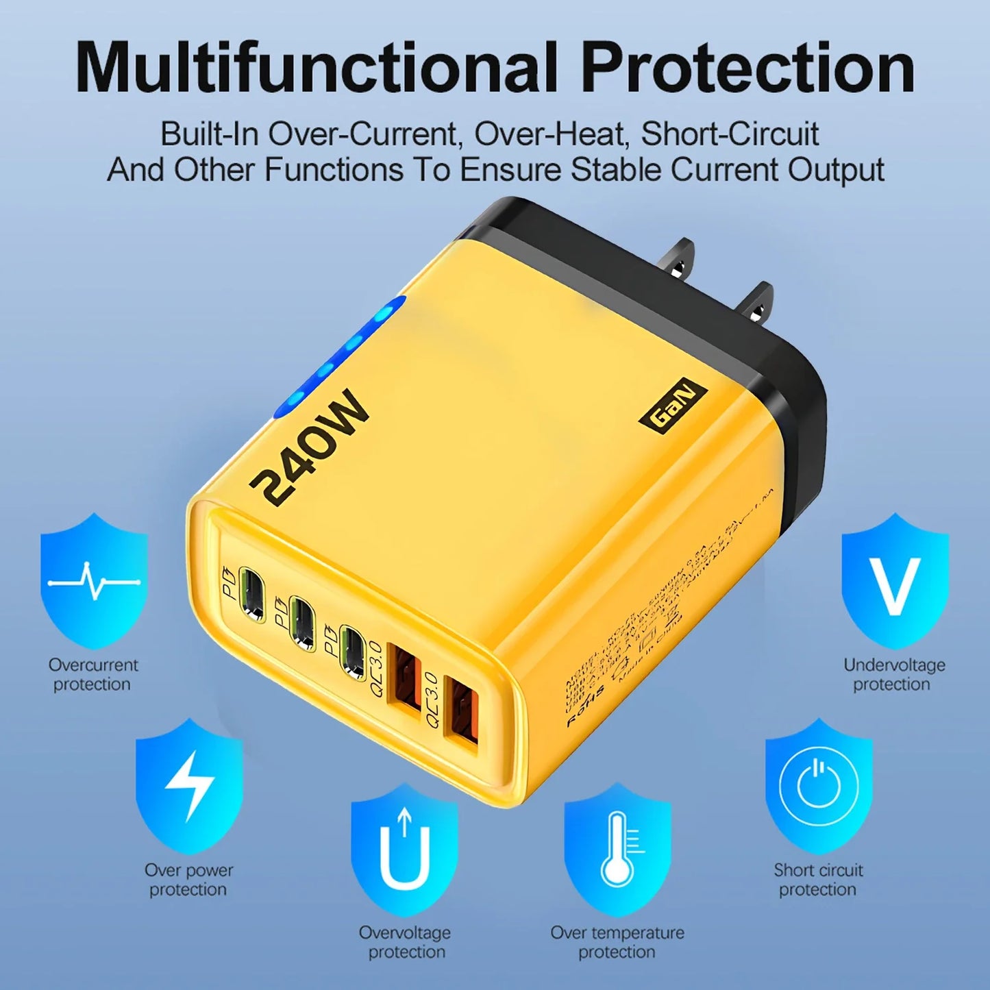 Xiaomi 5 in 1 240W  GaN Fast Charger With LED Light 2USB+3Type-C Multi Port Phone Charging Head For iPhone Huawei Laptop Tablets