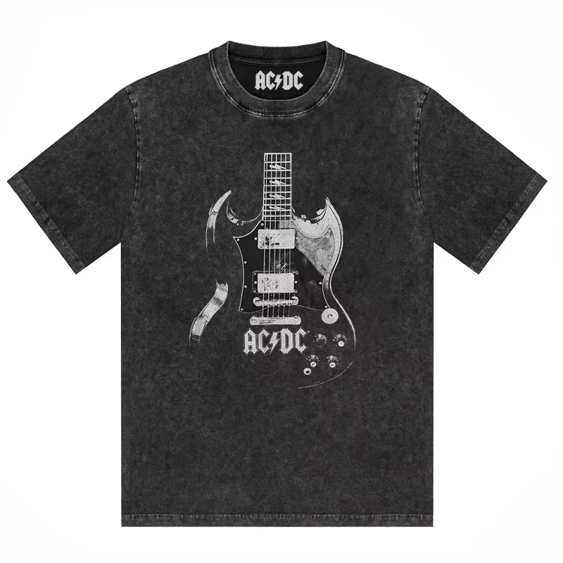 ACDC Band Printed T-shirt Washed Retro Old Short Sleeve Trendy Couple Comfortable Loose Casual Fashion New Men's Clothing