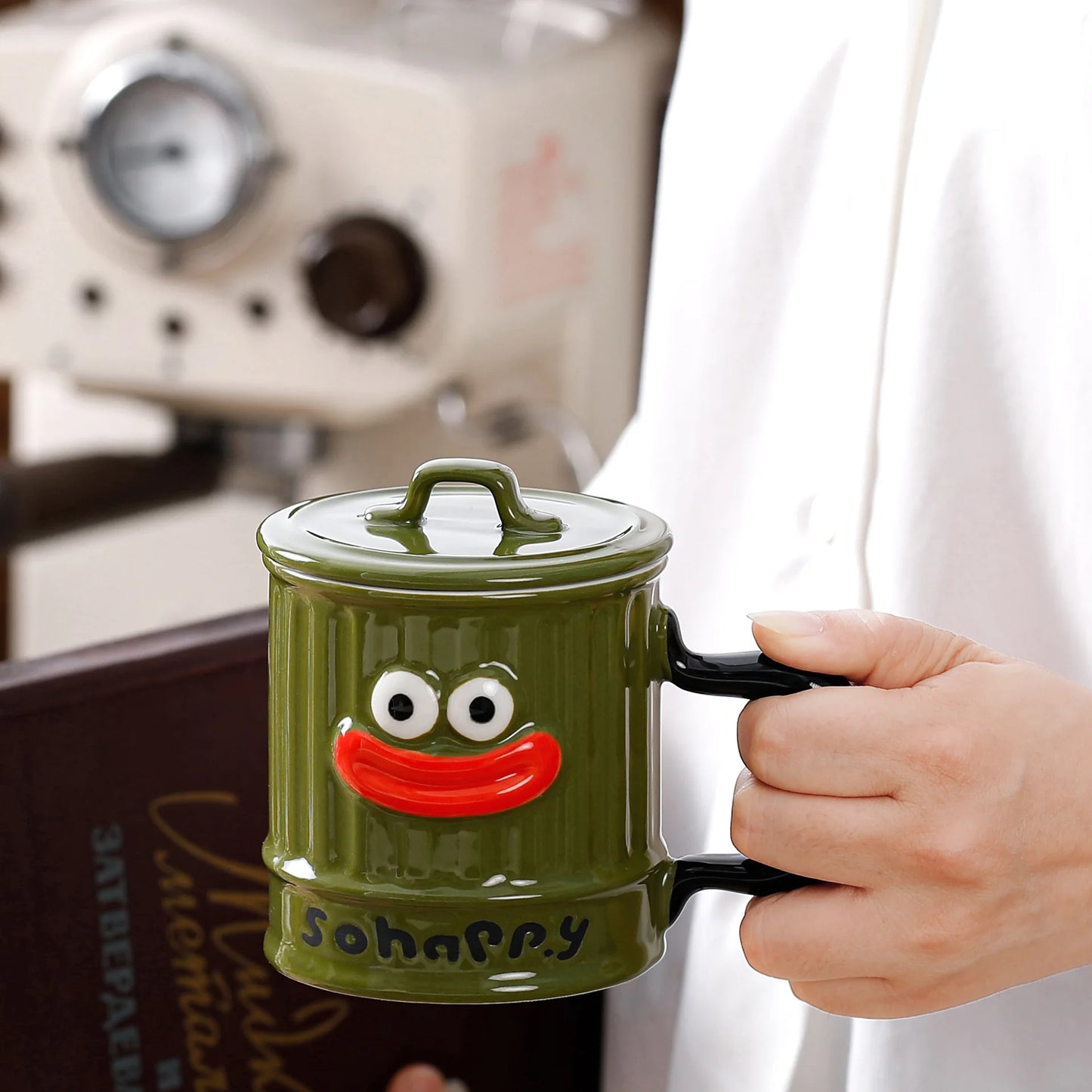 Creative Design, Cute, Funny, Ugly, Cute, Big Mouth Ceramic Mug with Lid, Home Office Drinking Cup, Milk Coffee Cup Ceramic Mug