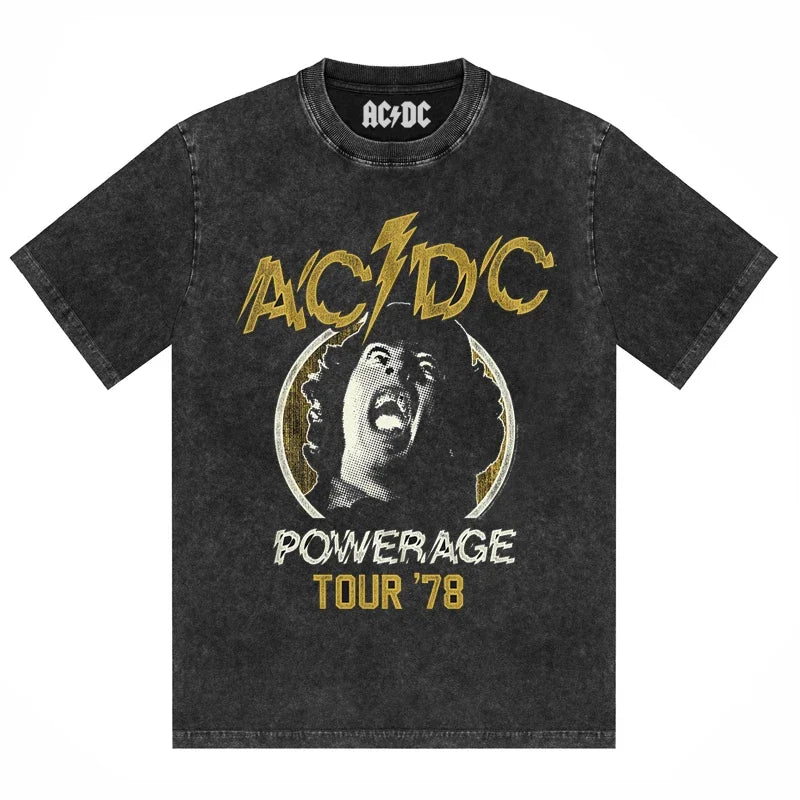 ACDC Band Printed T-Shirt Washed Retro Old Short Sleeve Trendy Couple Comfortable Loose Casual Fashion New Men'S Clothing