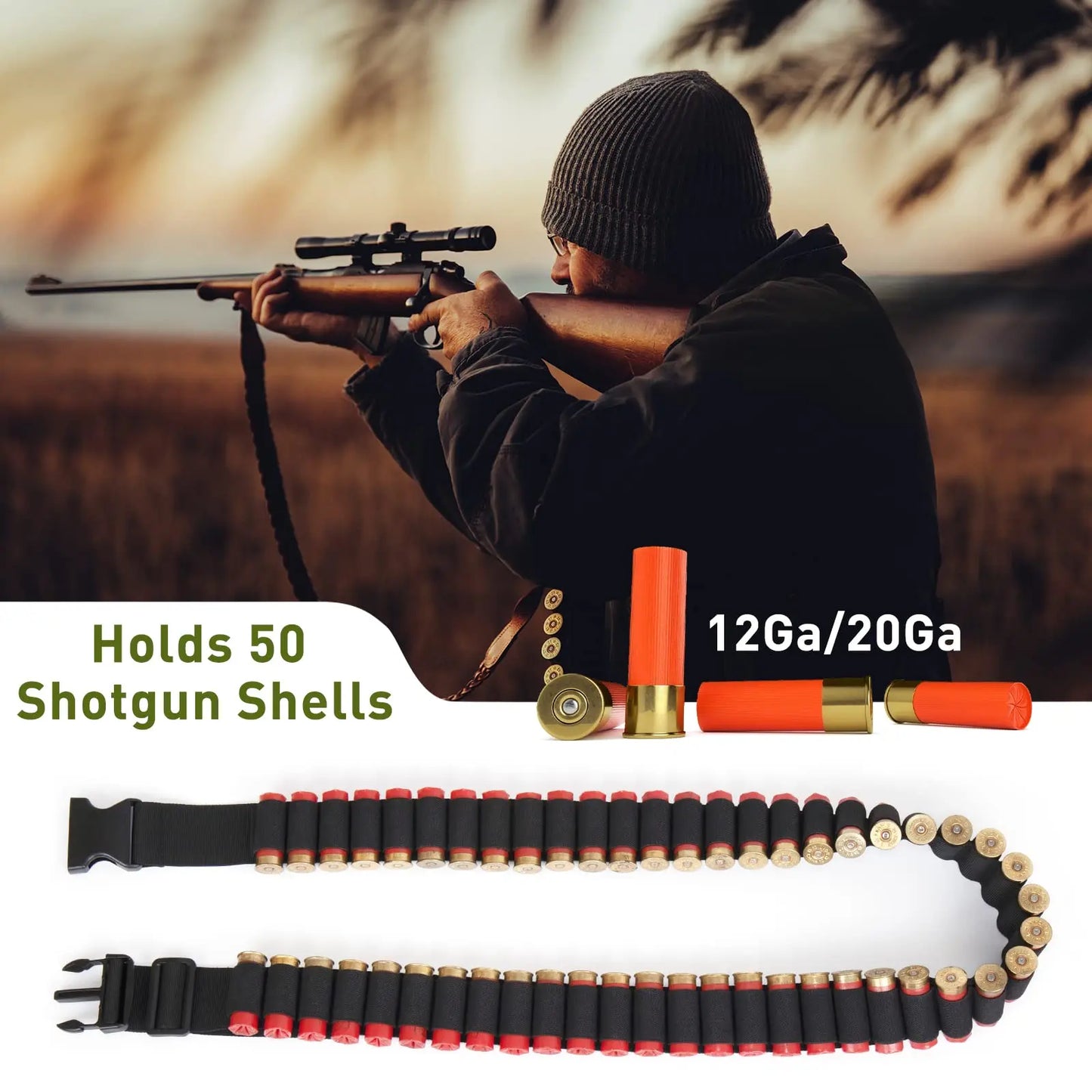 Shotgun Shell Holder, Tactical Shotgun Shell Bandolier, 12 Gauge with 8 Rounds Buttstock, Outdoor Hunting, 50 Rounds