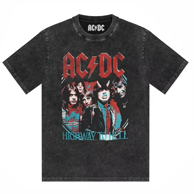 ACDC Band Printed T-shirt Washed Retro Old Short Sleeve Trendy Couple Comfortable Loose Casual Fashion New Men's Clothing