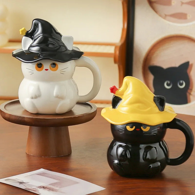 Creative Magic Hat Cat Ghost Ceramic Mugs with Lid Personalized Coffee Cups Couple Milk Cup Breakfast Mug Halloween Gifts