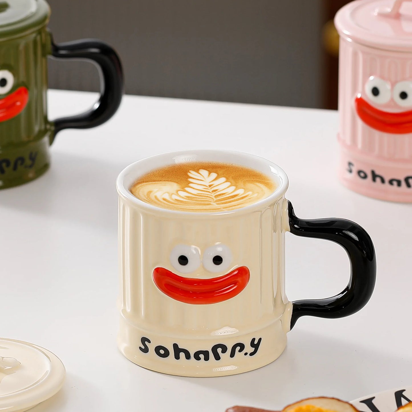 Creative Design, Cute, Funny, Ugly, Cute, Big Mouth Ceramic Mug with Lid, Home Office Drinking Cup, Milk Coffee Cup Ceramic Mug