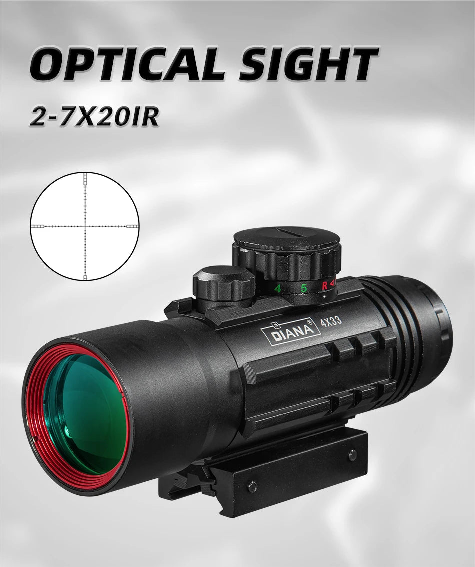DIANA 4X33 Red and Green Dot Scope Tactical Optical Rifle Scope with rails for 11 / 20mm Orbital Rifle Scope