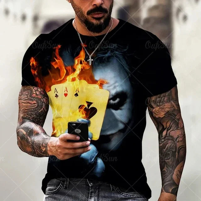 2024 Summer Hot New Joker 3D Printed Men's T-shirt Summer Street Fashion Short Sleeve O Collar Large Poker Men's Top Casual Blac