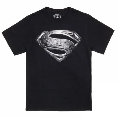 Superman Black T Shirt Men 2025 Spring Vintage Distressed Metal Logo Design Textured S Shield Print Dc Comics Cotton Top