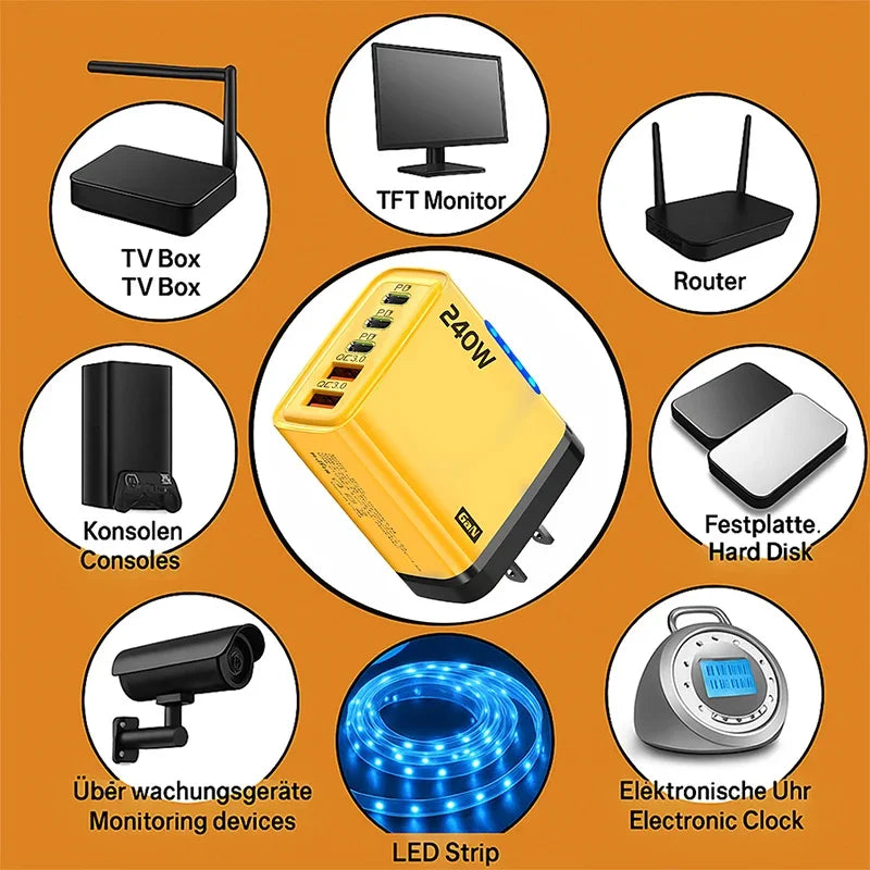 Xiaomi 5 in 1 240W  GaN Fast Charger With LED Light 2USB+3PD Multi Port Phone Charging Head For iPhone 17 16 Pro Huawei Laptop