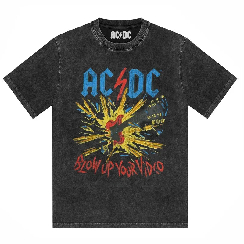 ACDC Band Printed T-Shirt Washed Retro Old Short Sleeve Trendy Couple Comfortable Loose Casual Fashion New Men'S Clothing