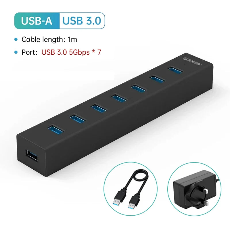 ORICO USB 3.0 Hub 7-port USB3.0 High-speed Transmission HUB Portable USB with Power Distributor Suitable for Laptop MacBook Pro