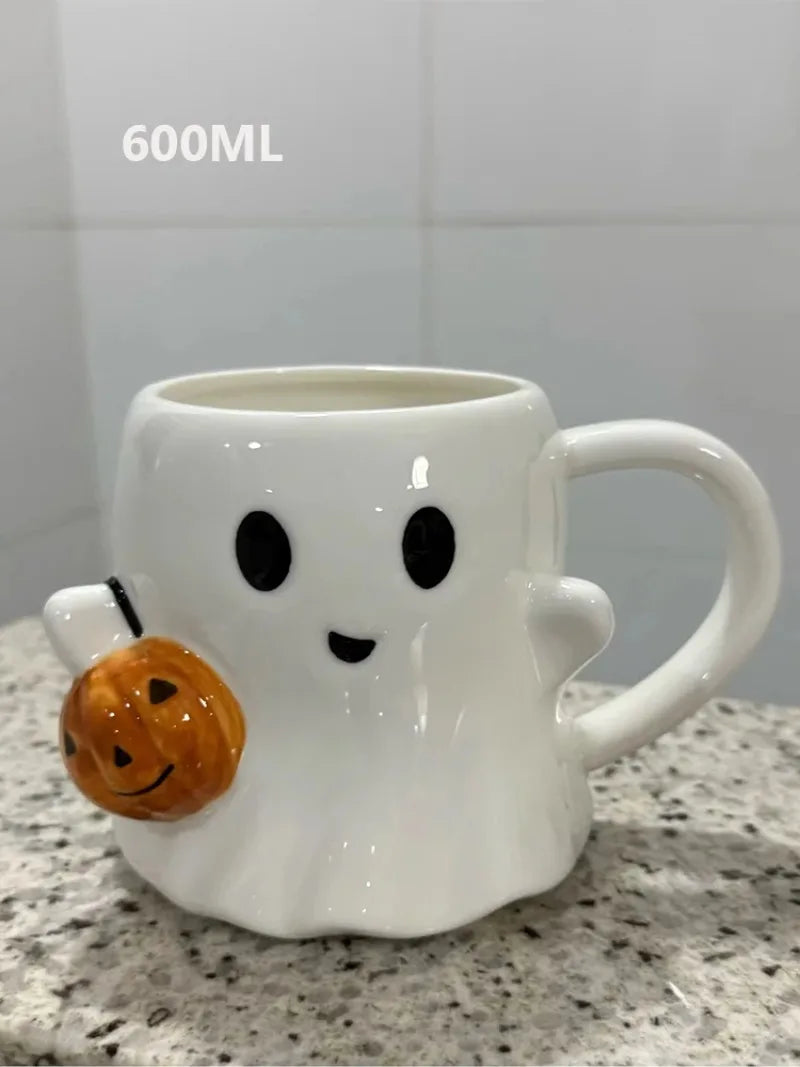 Cute Halloween Pumpkin Ghosts Ceramic Mugs Ceramic Drinking Glass With Handle Halloween Funny White Ghosts Coffee Cup