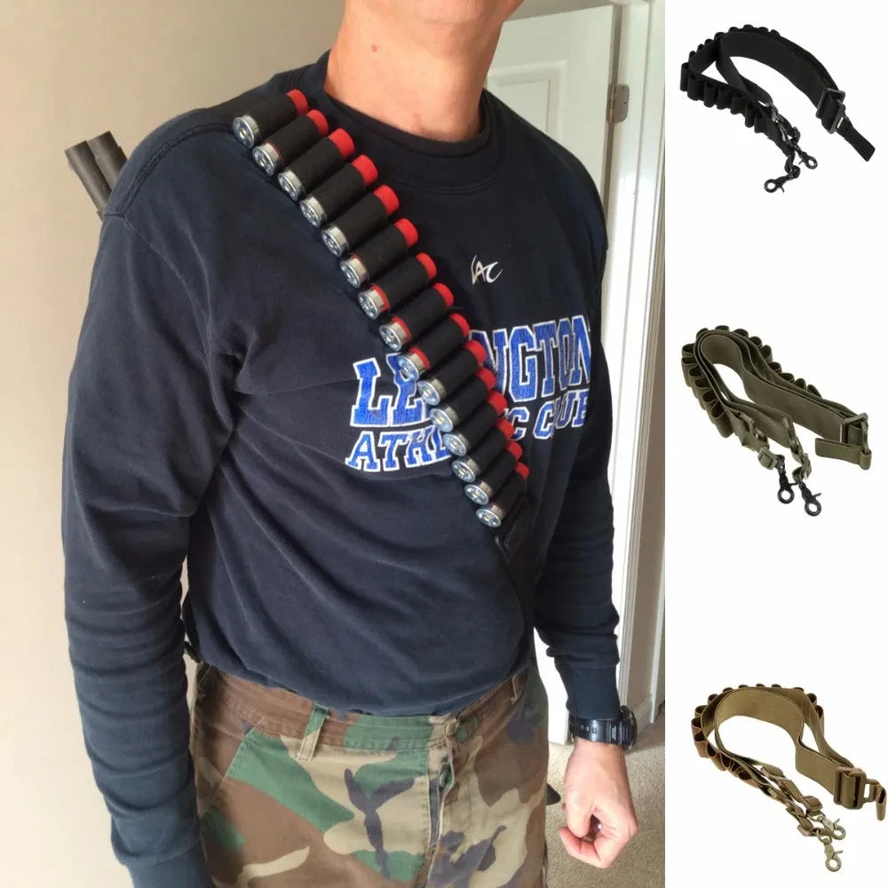 Tactical 15 Rounds Ammo Shell Belt Rifle 12 Gauge Ammo Pouch 2 Point Shotgun Sling Bullet Cartridges Holster Strap
