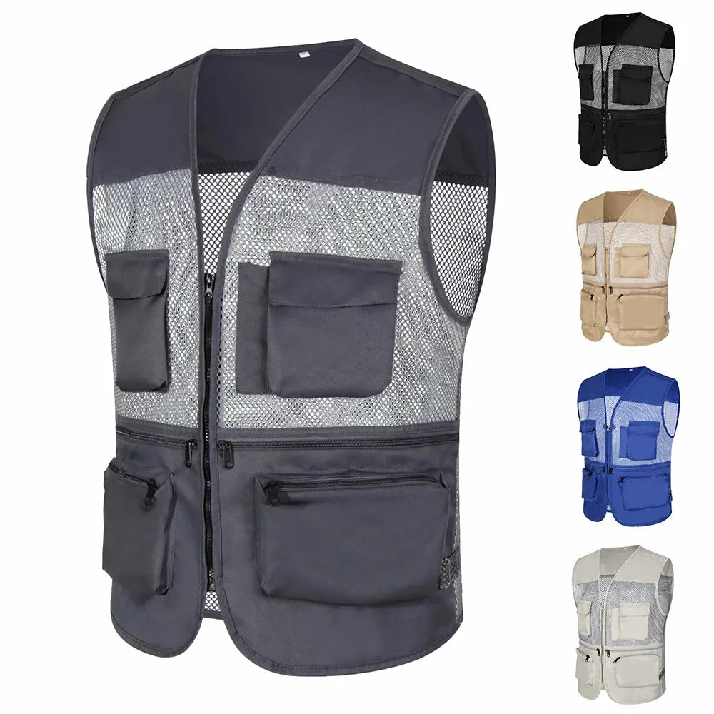 Men's Summer Mesh Fishing Vest Photography Works Multi Pocket Outdoor Journalist Vest Sleeveless Jacket