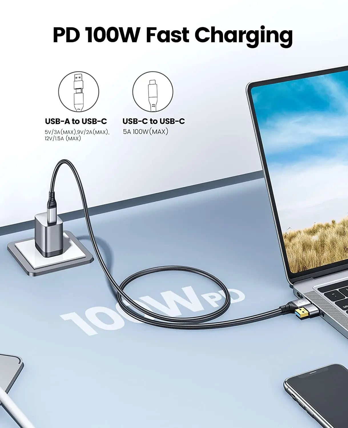 ORICO 5m 20Gbps USB C Cable PD100W Fast Charger Cord USB3.2 Gen 2 HD 4K@60Hz Video Braided with E-mark for Laptop MacBook
