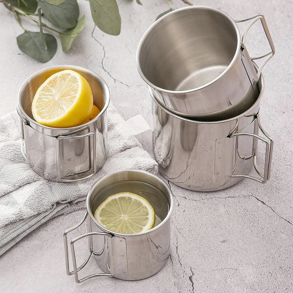3Pcs Stackable Camping Mug Stainless Steel Portable Cups with Folding Handle Mesh Bag for Touring Trips Outdoor Camping Hiking