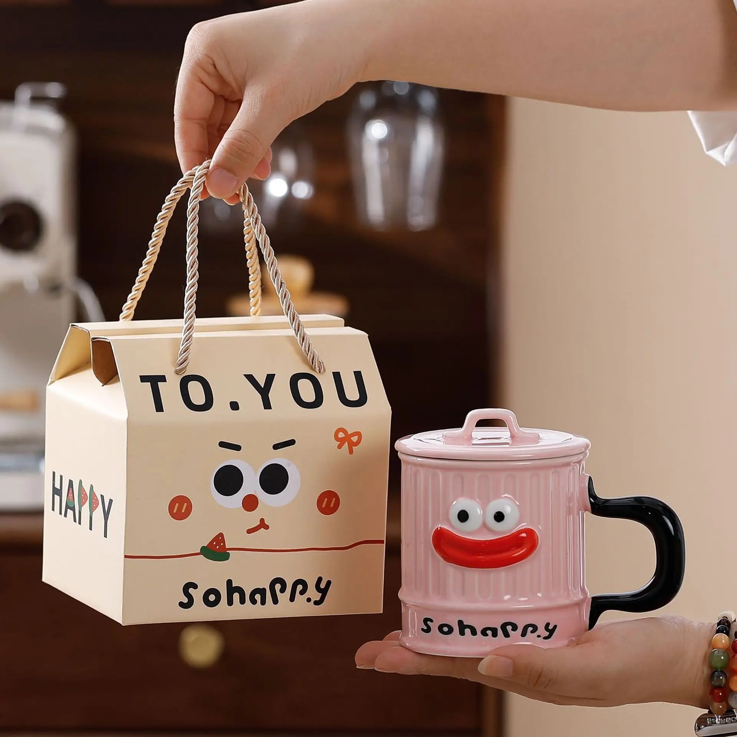 Creative Design, Cute, Funny, Ugly, Cute, Big Mouth Ceramic Mug with Lid, Home Office Drinking Cup, Milk Coffee Cup Ceramic Mug