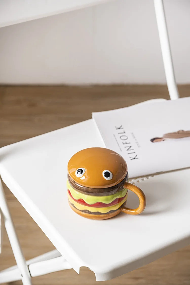 300ML Coffee Mugs Creative Hamburger Shaped Water Cup with Lid Cute and Cute Breakfast Cup Large Capacity Ceramic Hamburger Mug