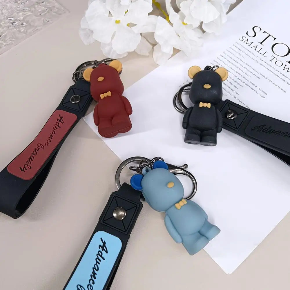 Cute Pvc Tie Bear Keychain Silicone Animal Doll Pendant Keyring With Wristband For Couple Backpack Bag Key Accessories Kid Gifts