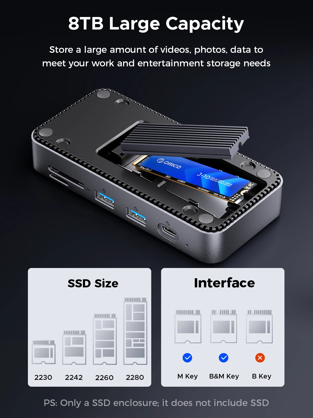 ORICO USB C Display Hub 10Gbps with Cooling Fan M.2 NVMe SATA SSD Enclosure HDMI RJ45 SD/TF Docking Station for Gamers