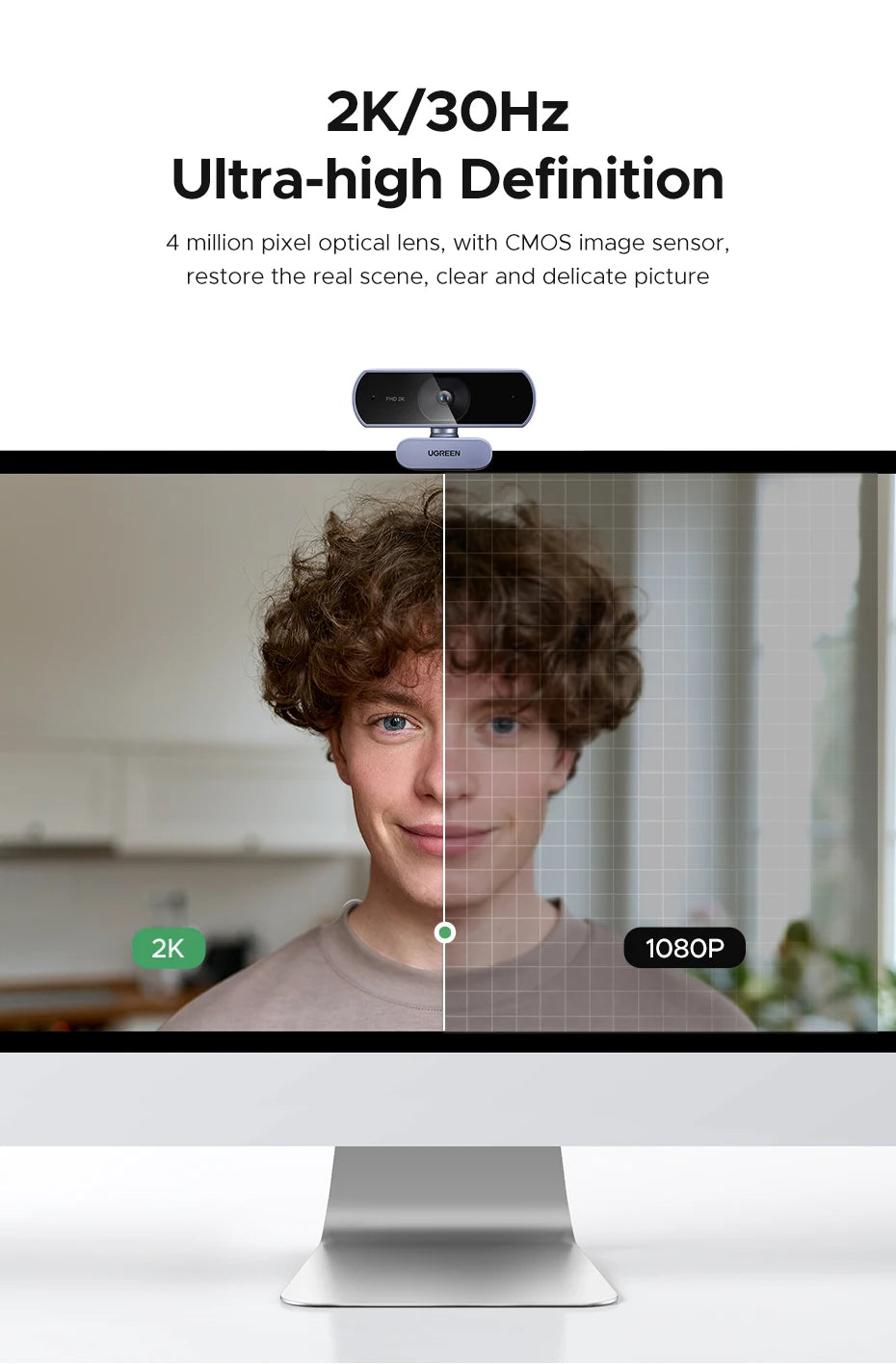 UGREEN 2K Webcam with Microphone, Full HD USB Web Camera, Adjustable FOV, Auto Light Correction, Video Webcam for Streaming