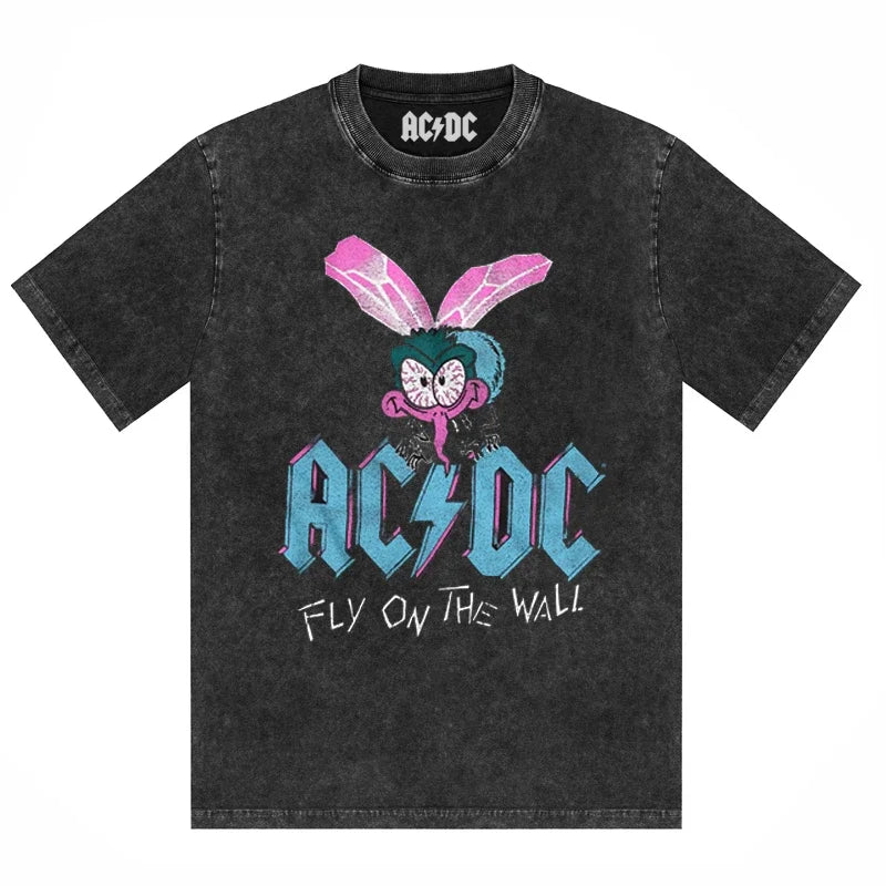 ACDC Band Printed T-Shirt Washed Retro Old Short Sleeve Trendy Couple Comfortable Loose Casual Fashion New Men'S Clothing