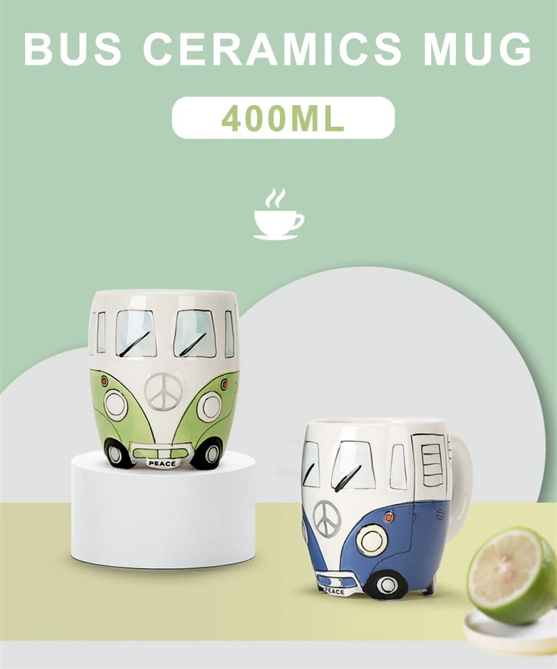 Creative Hand Painting Double Bus Mug Cartoon Ceramic Milk Tea Water Coffee Mugs Home Office School Drinkware Cup Novetly Gifts