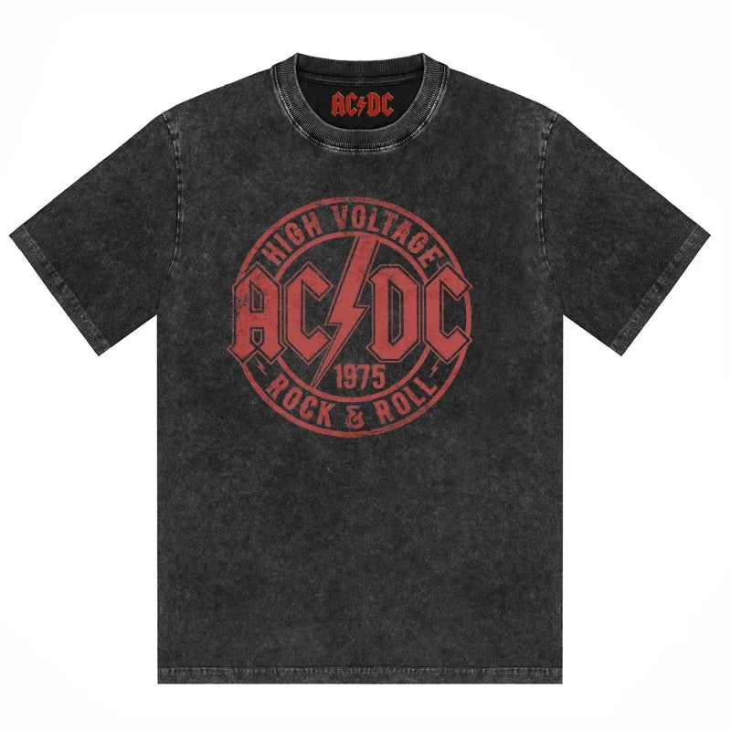 ACDC Band Printed T-Shirt Washed Retro Old Short Sleeve Trendy Couple Comfortable Loose Casual Fashion New Men'S Clothing