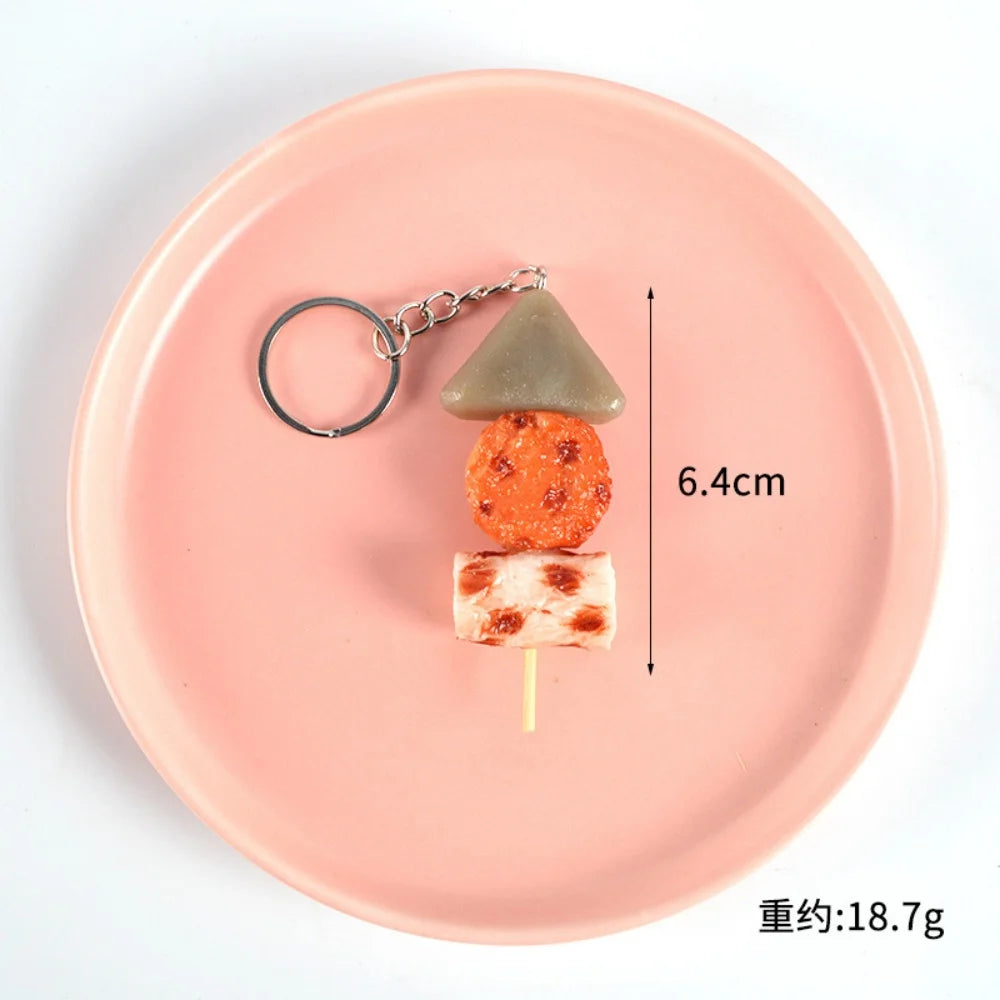 Creative PVC Simulation BBQ Skewers Food Keychain Resin Oden Squid Corn Meatball Keyring Restaurant Opening Gift Fashion Pendant
