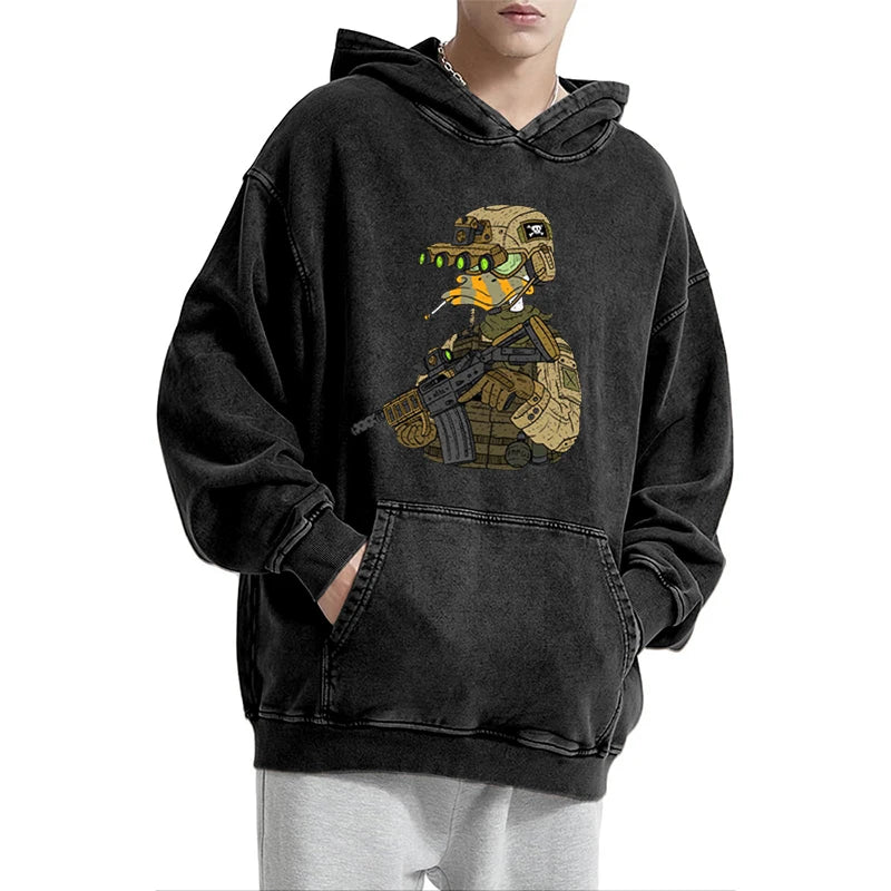 Tactical Duck Soldier Graphic Vintage Washed Hoodie Men'S Streetwear Loose Casual Hooded Sweatshirt Military Style Fashion Top