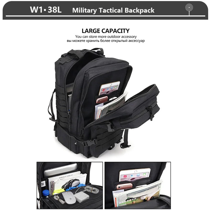 Tactical Backpack 3 Day Assault Pack Molle Bag 38/45L Large Outdoor Waterproof Hiking Camping Travel 600D Rucksack Men Fishing