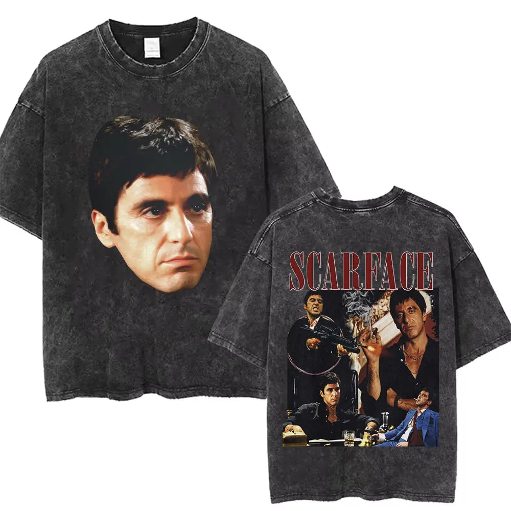 90s Classic Gangsters Movie Scarface Print T-shirts Tony Montana Al Pacino Vintage Washed Cotton Tshirt Men Women Rock T Shirts