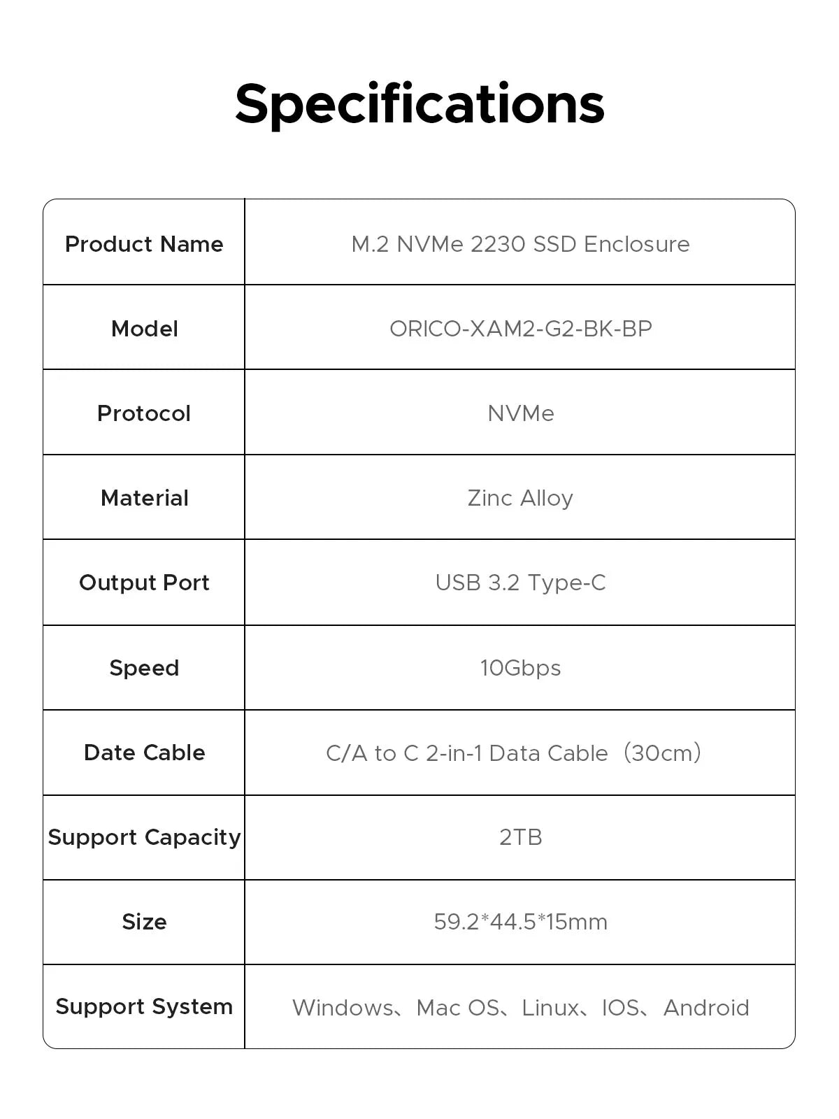 ORICO 2230 SSD Enclosure M.2 NVMe SSD Enclosure USB 3.2 Gen 2 10Gbps NVME PCI-E M-Key 2230mm External SSD Drive Enclosure