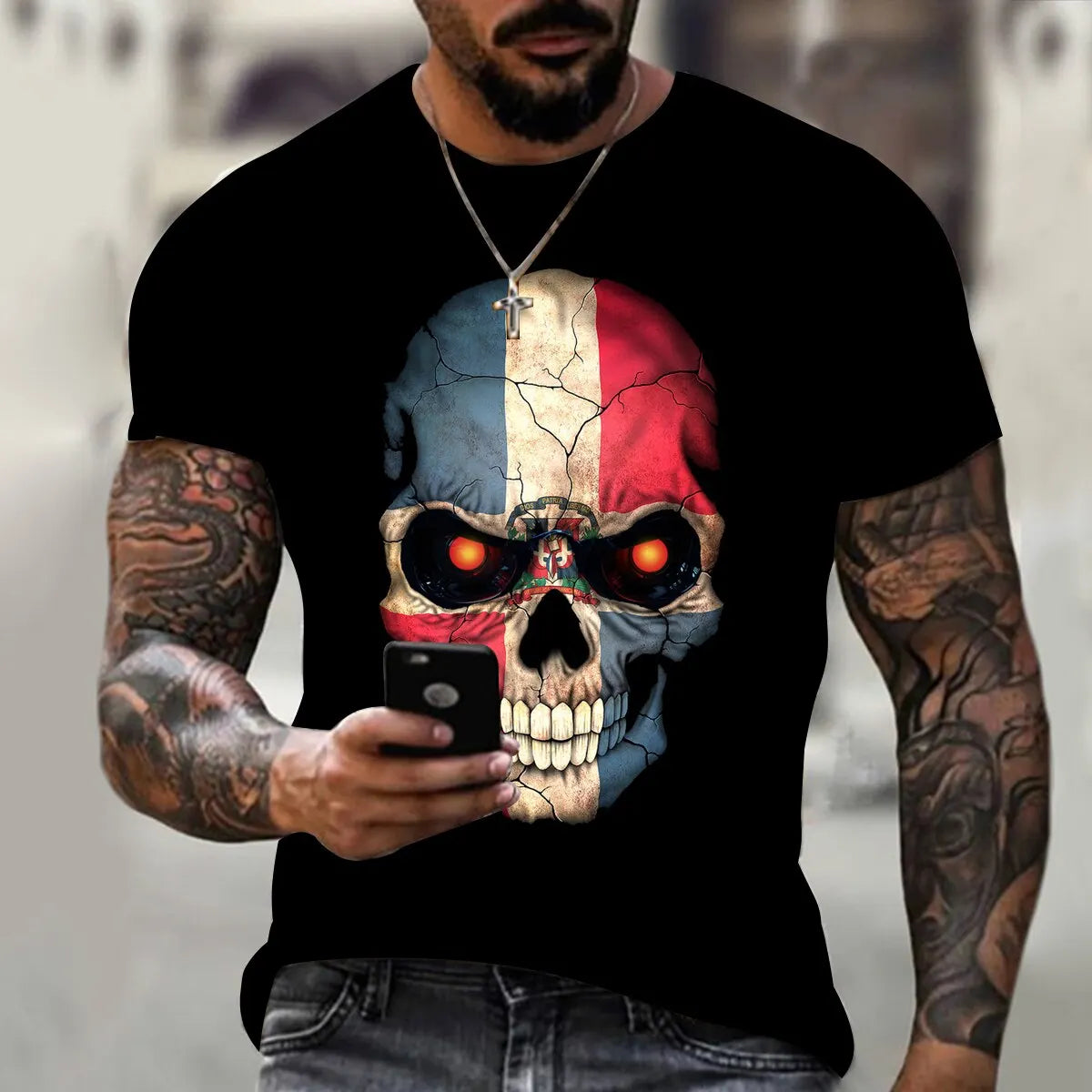 New Men's 3D Printed Short Sleeve T-Shirt with Skull Pattern Summer Vintage Men's Short Sleeve Street Casual Men's Top T-Shirt
