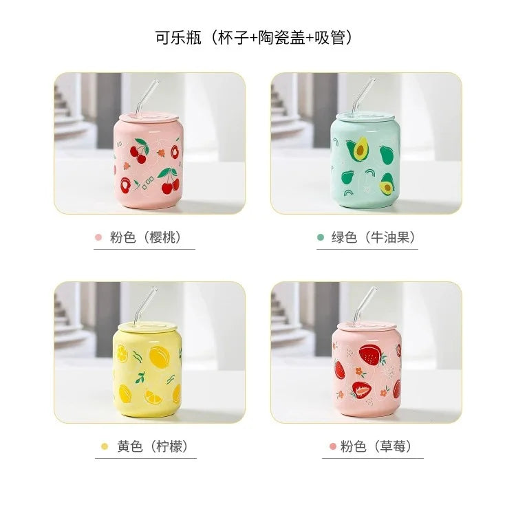 Fresh Creative Fruit Straw Cup Coke Soda Bottle Ceramic Mug with Lid Couple Souvenir Home Drinking Utensil Kitchen Appliance