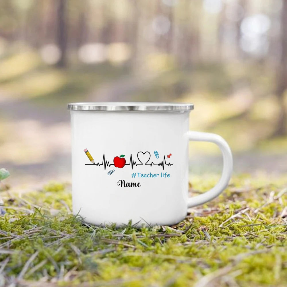 Personlised Mug Creative Coffee Cups Teacher Life Drinks Water Enamel Cup Handle Drinkware Teacher's Day Thanks Gift for Teacher