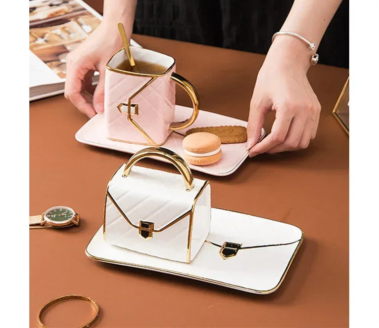 Handbag Shaped Mug Luruxy Coffee Cup Creative Tote Bag Shaped Cups Linner Saucer Set Dessert Afternoon Tea Mugs Drinkware Gifts
