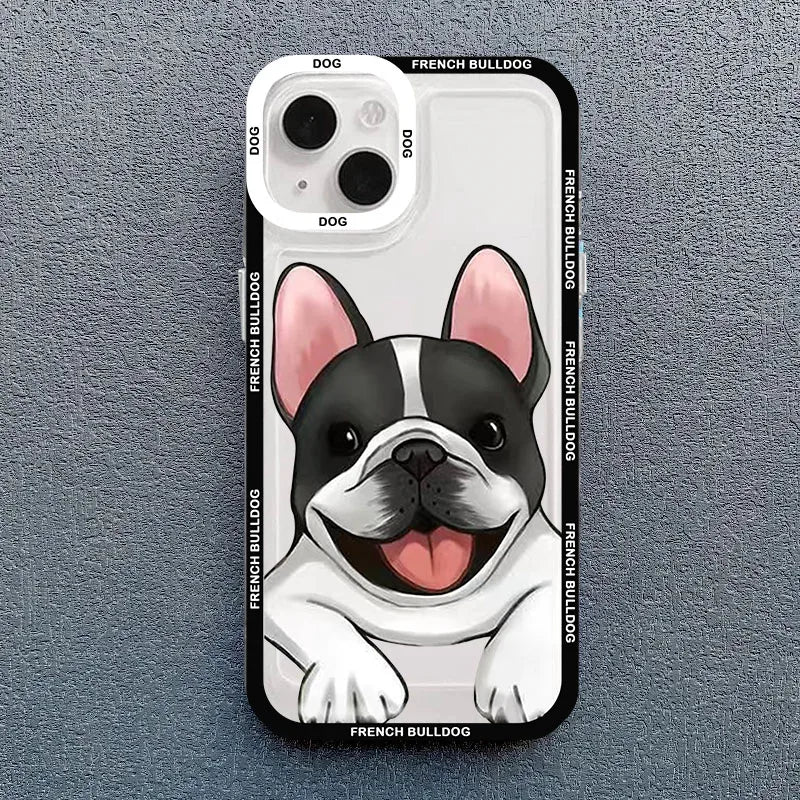 Cute Pug Dog French Bulldog Phone Case For iPhone 14 Pro MAX 15 11 13 12 XS X 16 XR 7 8Plus Kawaii Clear Shockproof Lover Cover