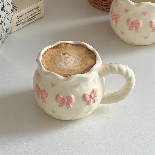 Thickened Cream White Mug Cute Bow Cartoon Ceramic Cup with Handle Milk Cup Coffee Cup Modern Simple Universal Water Cups