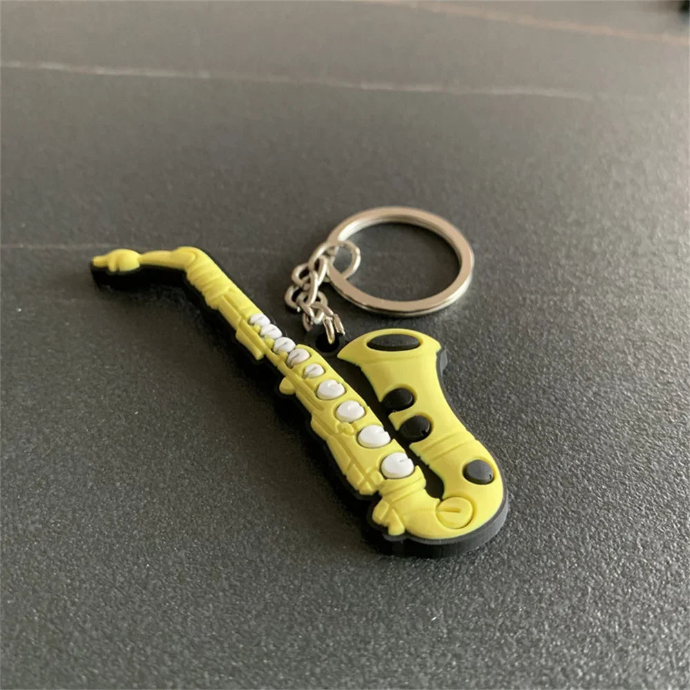 Cute Guitar Violin Piano Saxophone Keychains PVC Soft Rubber Cartoon Musical Instrument Keyring Car Backpack Pendant Accessories