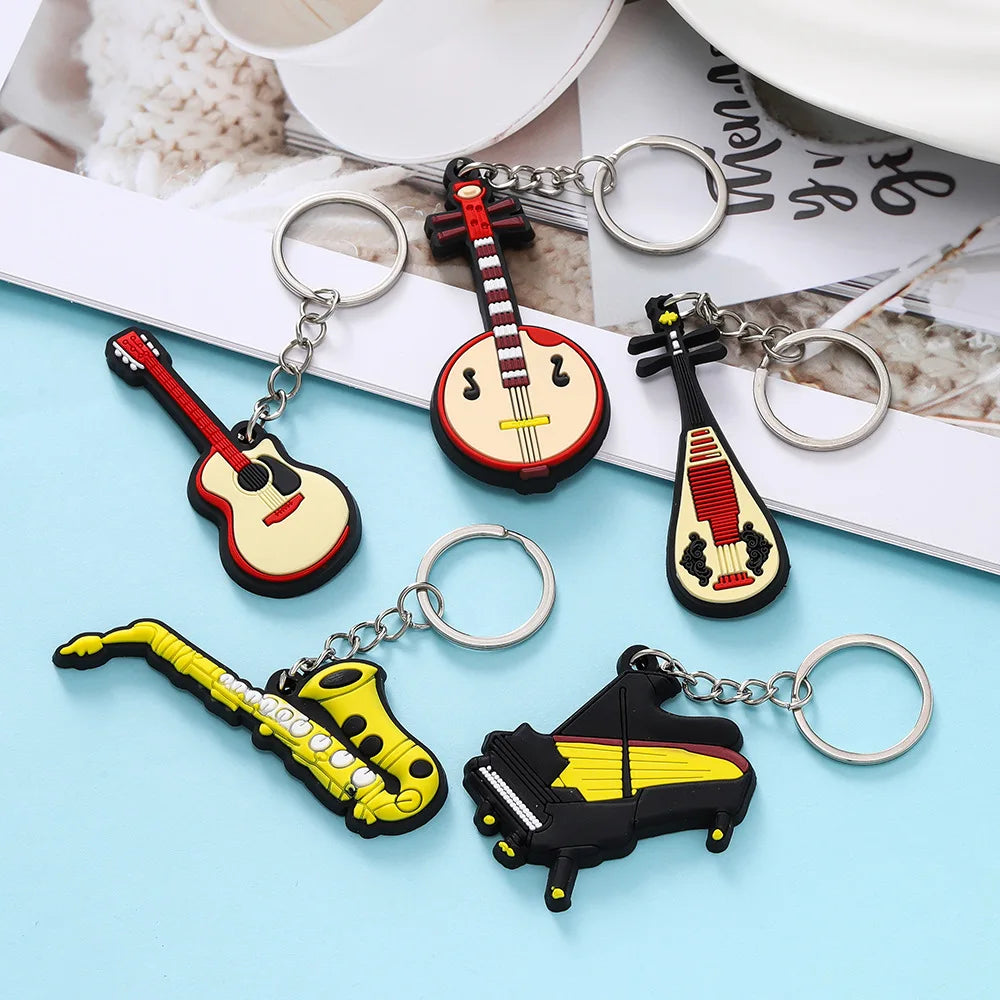 Cute Guitar Violin Piano Saxophone Keychains PVC Soft Rubber Cartoon Musical Instrument Keyring Car Backpack Pendant Accessories