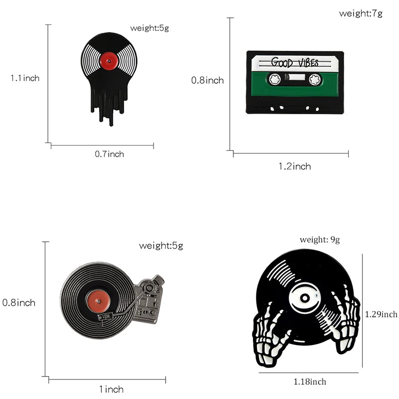 Punk Music Lovers Enamel Pin Good Vibes Tape DJ Vinyl Record Player Badge Brooch Lapel Pins Jeans Shirt Jewelry Gifts Wholesale