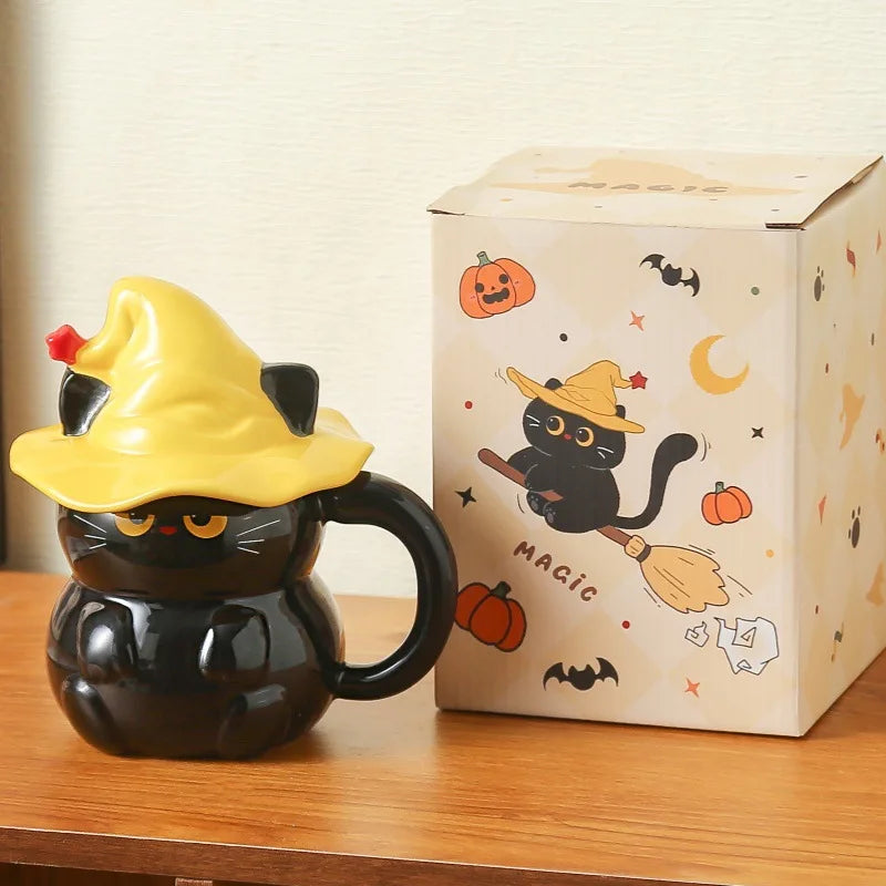 Creative Magic Hat Cat Ghost Ceramic Mugs with Lid Personalized Coffee Cups Couple Milk Cup Breakfast Mug Halloween Gifts